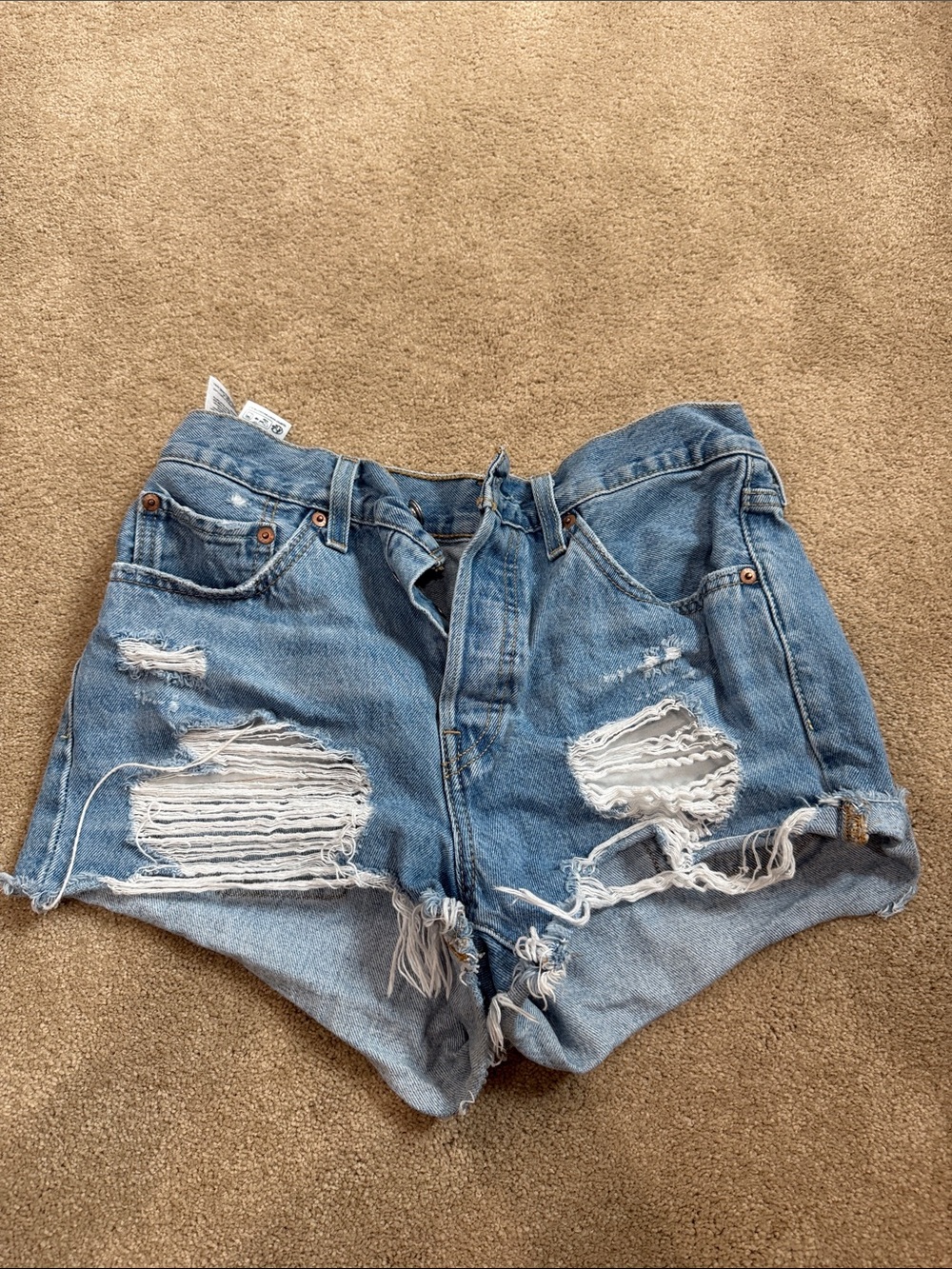 High-Rise Distressed Denim Shorts - Light Blue